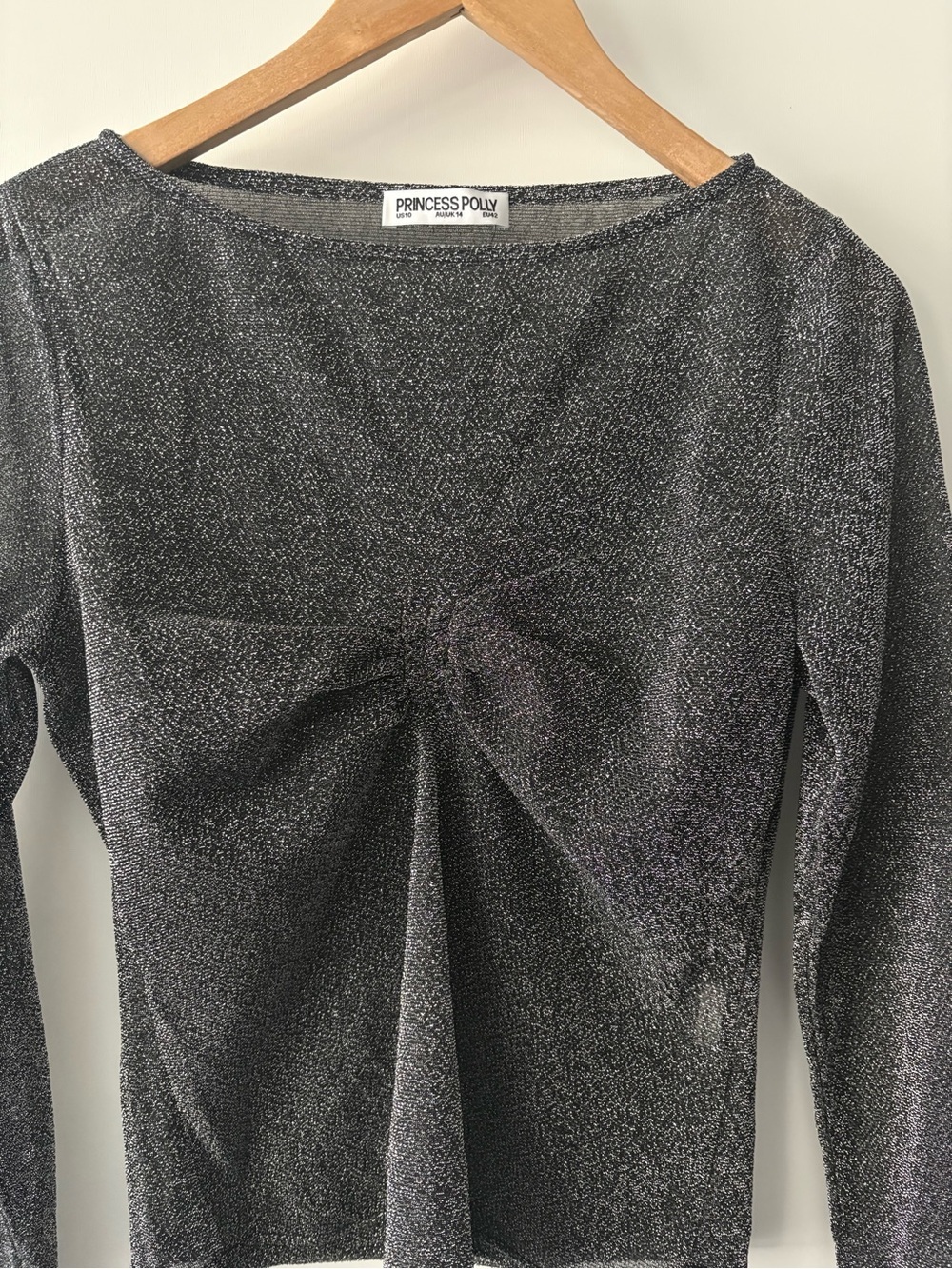 Princess Polly Silver Glitter Long Sleeve Bow Front Y2K Party Top us10 - Picture 4 of 5